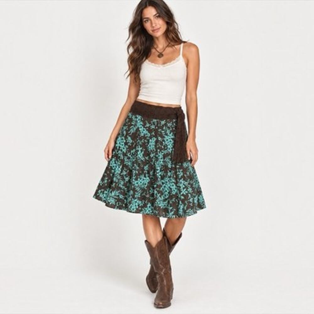 Candie’s Y2K Floral Midi Skirt Crochet Waist Tie Teal Brown Boho 2000s Size 9